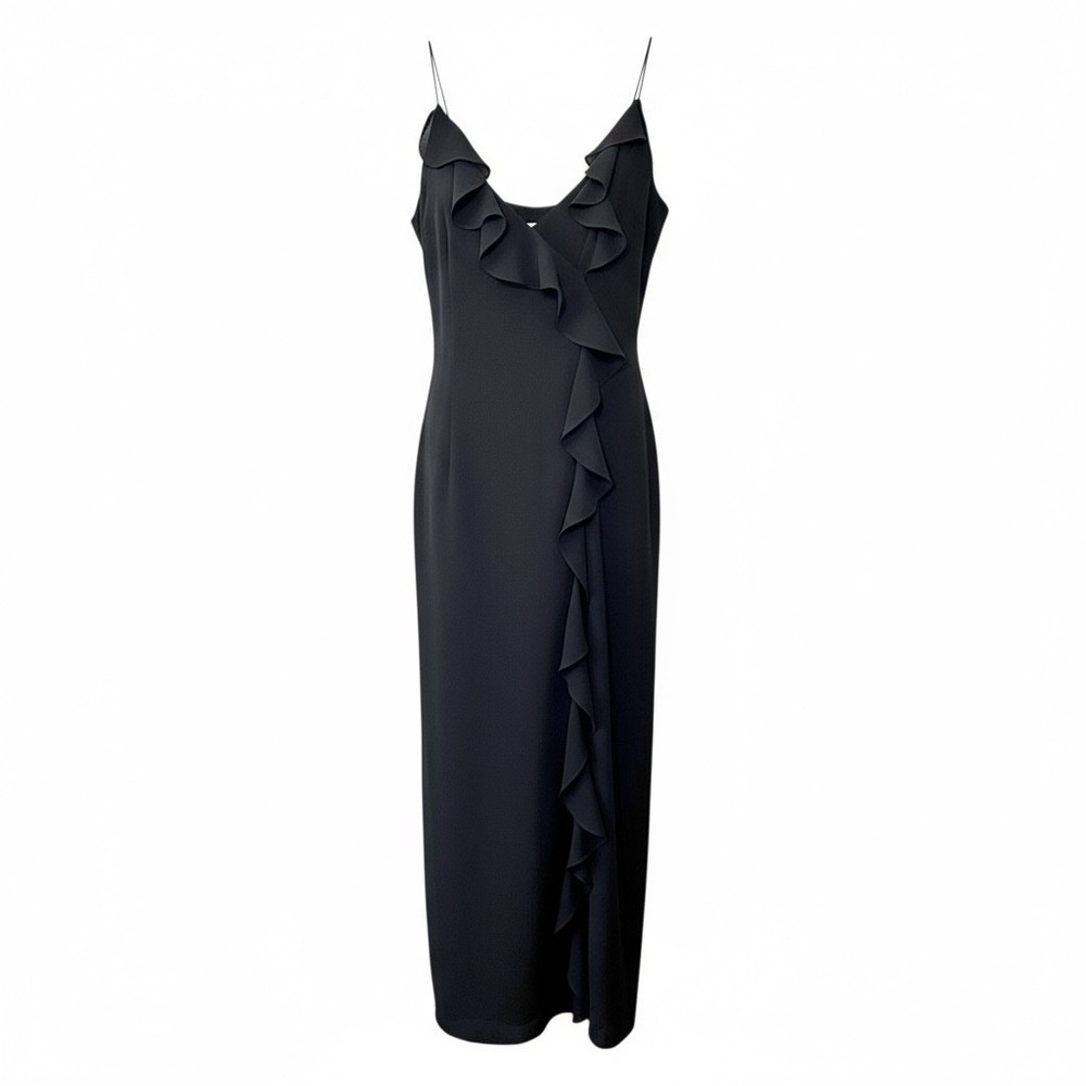 90s Papell Evening Ruffled Wrap Slip Dress Size 8 Black Spaghetti Strap Classic